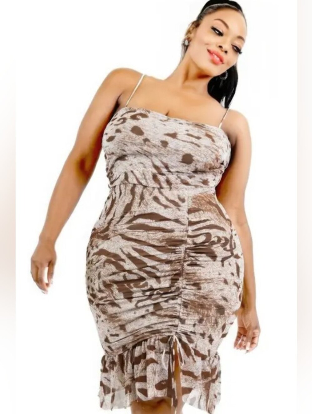 Plus Size Brown Animal Print Ruched Bodycon Dress - Picture 3 of 4